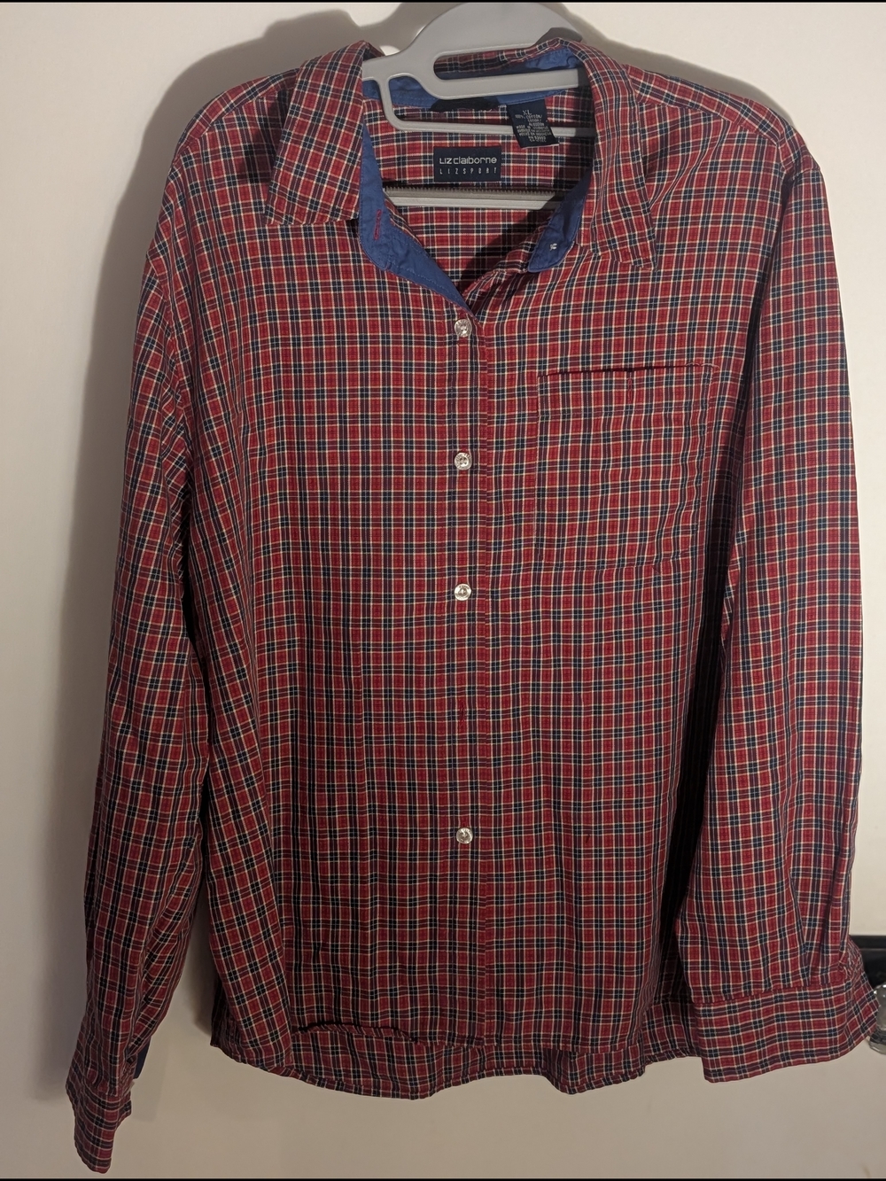 Liz Claiborne Red and Blue Plaid Button-Down  100% Cotton Shirt